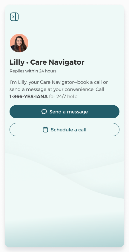 Care Navigator card on the Home screen (web app), GUIDE variant: Send a message and Schedule a call buttons, plus 24/7 GUIDE help line